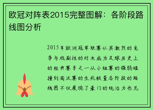欧冠对阵表2015完整图解：各阶段路线图分析